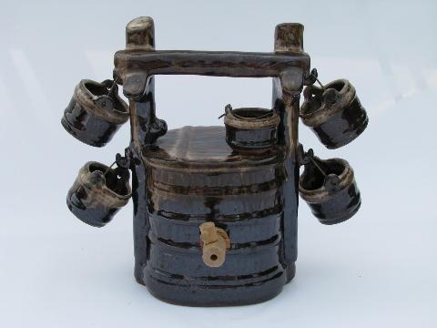 photo of wishing well w/ buckets, vintage Japan pottery decanter bottle, shot glasses #1