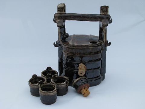 photo of wishing well w/ buckets, vintage Japan pottery decanter bottle, shot glasses #2