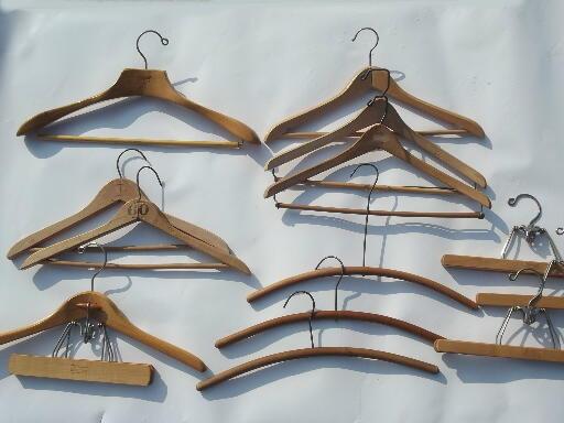 photo of wood coat closet hangers, vintage wooden clothes suit hanger lot #1