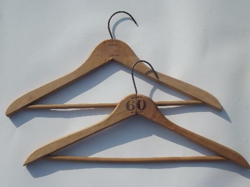 photo of wood coat closet hangers, vintage wooden clothes suit hanger lot #3