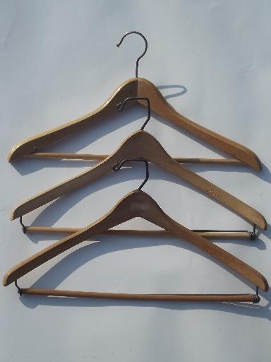 photo of wood coat closet hangers, vintage wooden clothes suit hanger lot #5