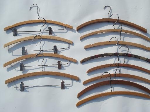 photo of wood coat closet hangers, vintage wooden clothes suit hanger lot #1