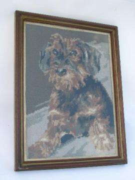 catalog photo of wood framed needlepoint picture, terrier dog portrait, 1940s vintage