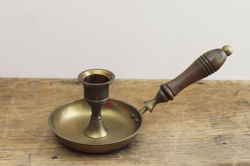 photo of wood handled brass candle holder, antique reproduction colonial chamber candle stick #1