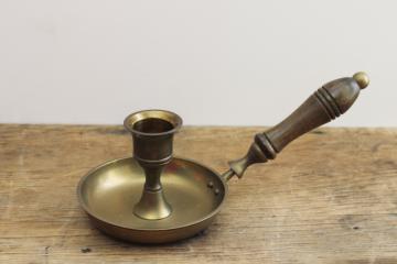 catalog photo of wood handled brass candle holder, antique reproduction colonial chamber candle stick