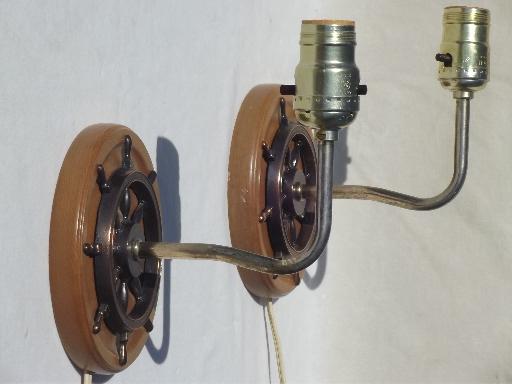 photo of wood ship's wheel wall sconce lamps, vintage sconces w/ nautical theme #1