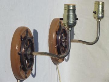 catalog photo of wood ship's wheel wall sconce lamps, vintage sconces w/ nautical theme