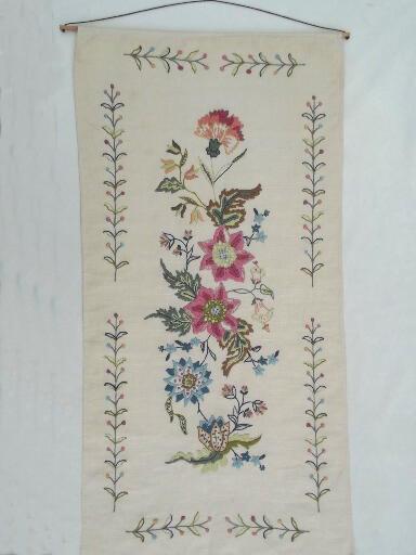 photo of wool crewelwork embroidery, vintage crewel embroidered bell pull wall hanging #2