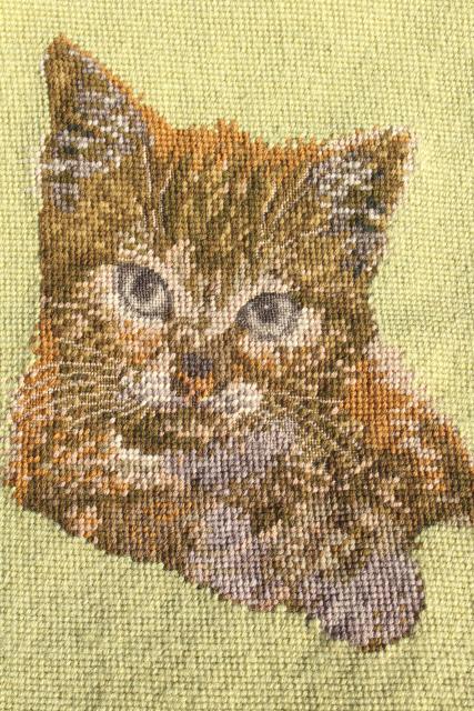 photo of wool needlepoint canvas tabby cat kitten, vintage needlework to upcycle #2