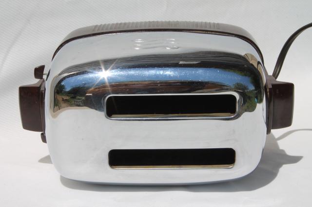 photo of working 1950s vintage GE two slice toaster, brown bakelite & shiny silver chrome #9