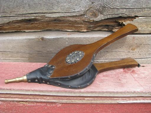 photo of working bellows, vintage fireplace hearth tool, wood w/ brass nozzle #2