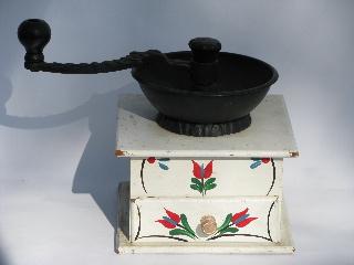 photo of working hand-crank coffee grinder, vintage reproduction, painted design #1