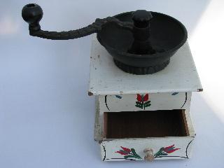 photo of working hand-crank coffee grinder, vintage reproduction, painted design #3