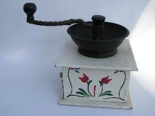 photo of working hand-crank coffee grinder, vintage reproduction, painted design #4