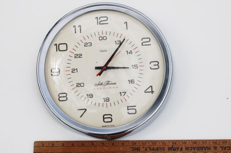 photo of working vintage industrial wall clock, Seth Thomas Quartz Manager retro chrome clock, made in USA #2