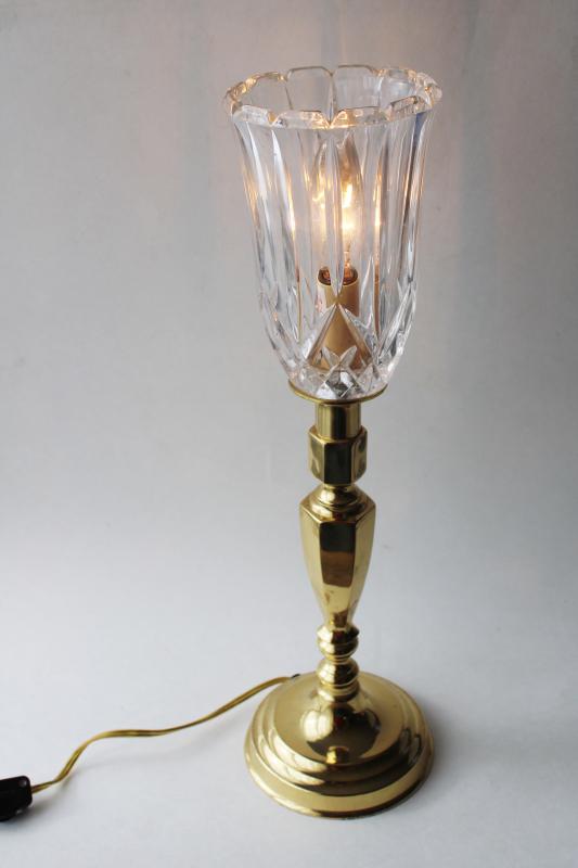 photo of working vintage solid brass candlestick lamp w/ heavy crystal torchiere shade #1