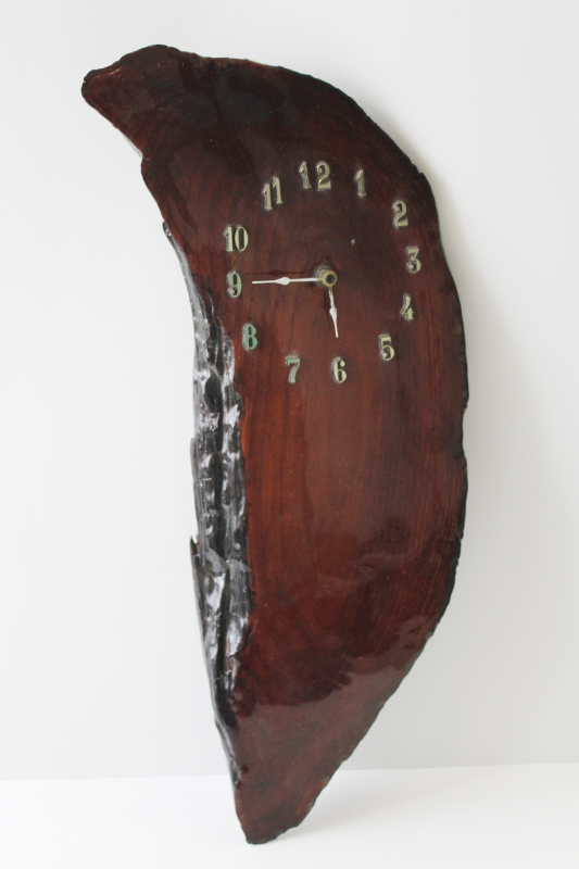 photo of working vintage wall clock, retro 70s live edge wood slab polished cypress or myrtle redwood #1