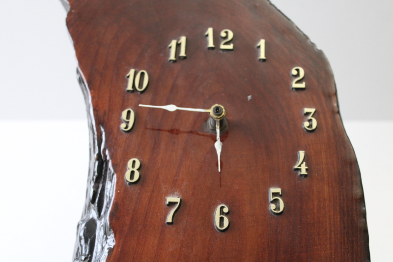 photo of working vintage wall clock, retro 70s live edge wood slab polished cypress or myrtle redwood  #2