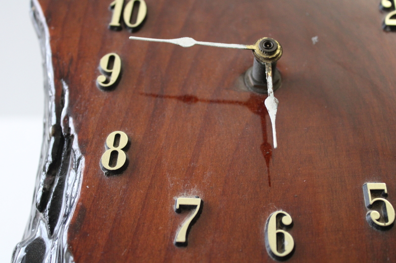 photo of working vintage wall clock, retro 70s live edge wood slab polished cypress or myrtle redwood  #4