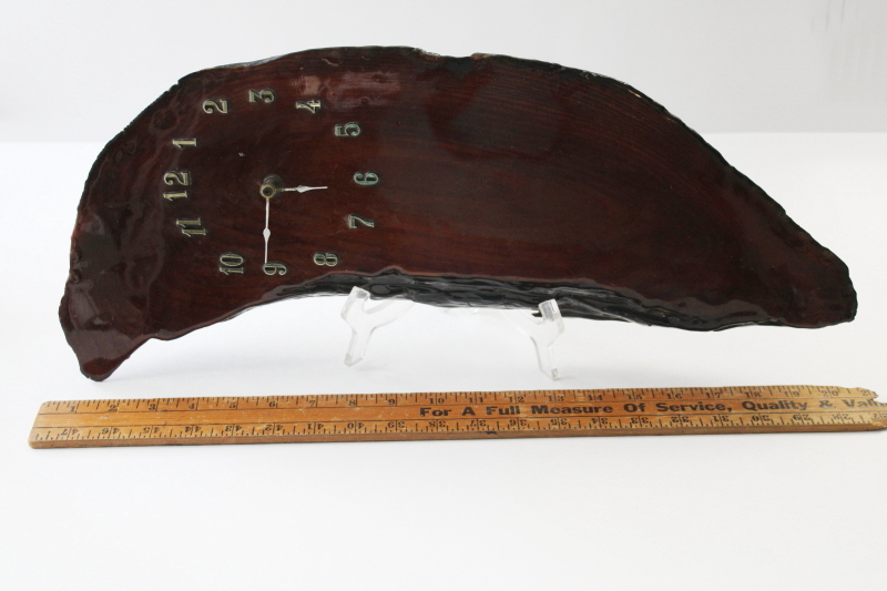 photo of working vintage wall clock, retro 70s live edge wood slab polished cypress or myrtle redwood  #5