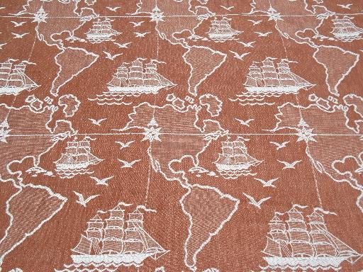 photo of world travel map clipper ships woven jacquard bedspread, vintage Bates? #2