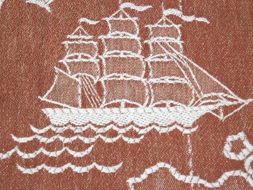 photo of world travel map clipper ships woven jacquard bedspread, vintage Bates? #3