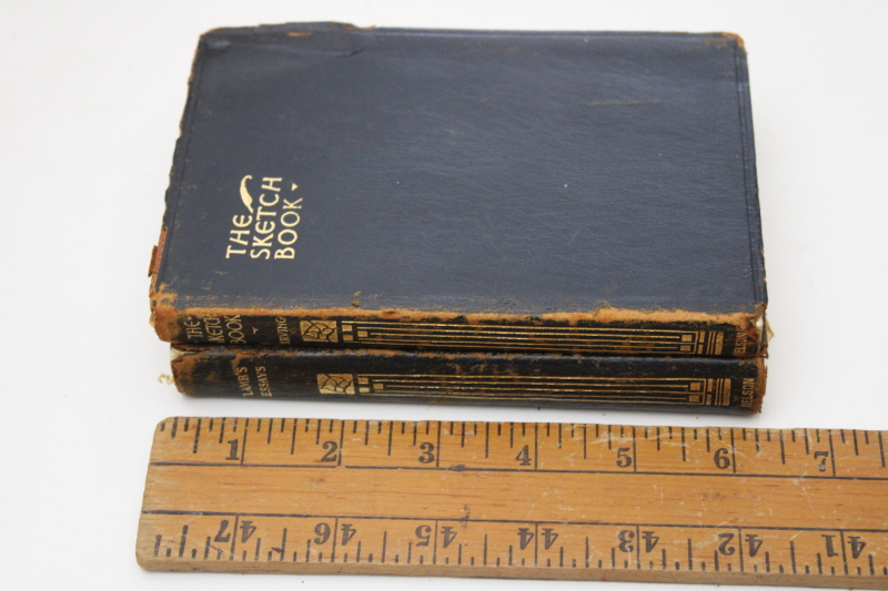 photo of worn antique black leather bound books, 1920s vintage pocket classics Lamb Essays of Elia, Washington Irving #1