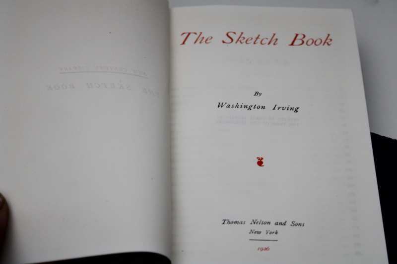 photo of worn antique black leather bound books, 1920s vintage pocket classics Lamb Essays of Elia, Washington Irving #3