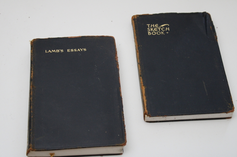 photo of worn antique black leather bound books, 1920s vintage pocket classics Lamb Essays of Elia, Washington Irving #4