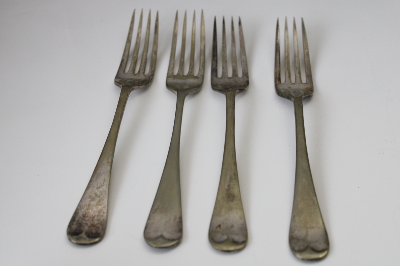 photo of worn antique fiddleback pattern forks, EPNS hallmarks silver plate on warm brass tone color  #1