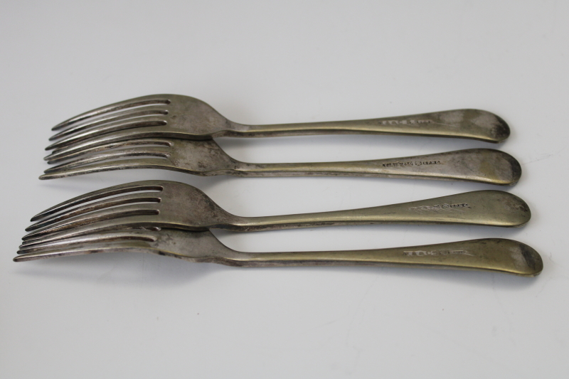 photo of worn antique fiddleback pattern forks, EPNS hallmarks silver plate on warm brass tone color  #3