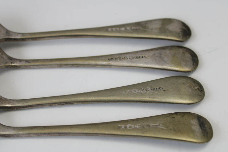 photo of worn antique fiddleback pattern forks, EPNS hallmarks silver plate on warm brass tone color  #4