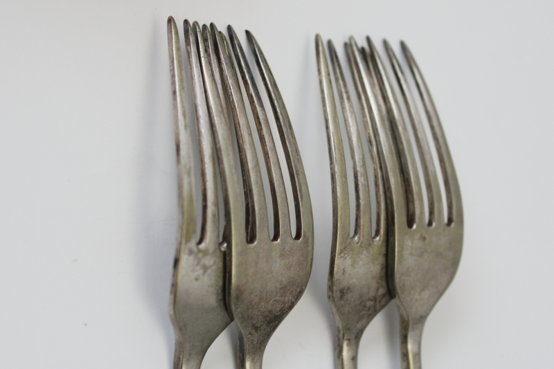 photo of worn antique fiddleback pattern forks, EPNS hallmarks silver plate on warm brass tone color  #5