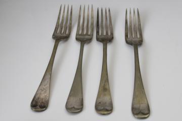 catalog photo of worn antique fiddleback pattern forks, EPNS hallmarks silver plate on warm brass tone color 