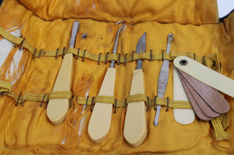 photo of worn antique manicure set, french ivory celluloid handled tools & button hook early 1900s vintage #2