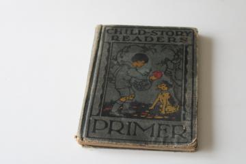 catalog photo of worn antique school book primer, 1920s vintage Child Story Reader early reading lessons