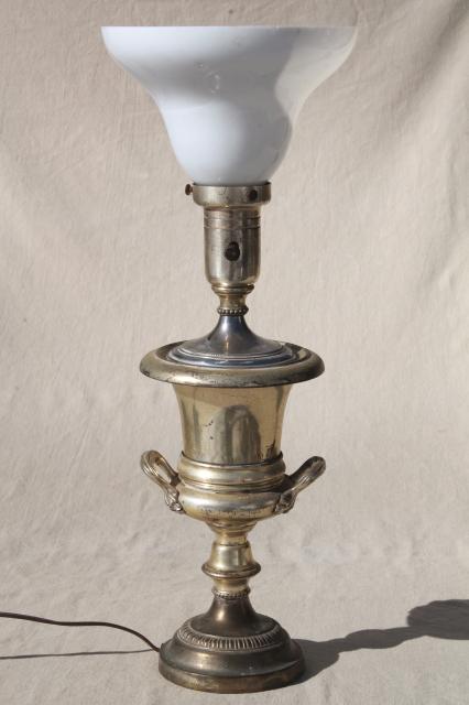 photo of worn antique silver plate trophy cup urn table lamp, deco vintage milk glass torchiere shade #1
