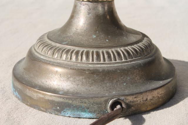 photo of worn antique silver plate trophy cup urn table lamp, deco vintage milk glass torchiere shade #12