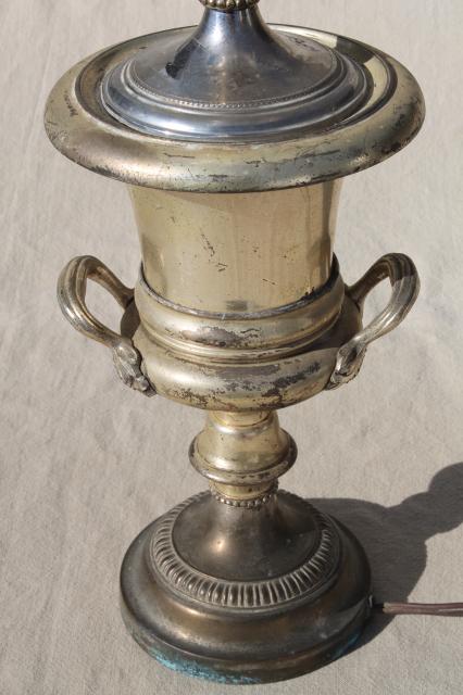 photo of worn antique silver plate trophy cup urn table lamp, deco vintage milk glass torchiere shade #14