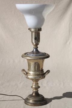 catalog photo of worn antique silver plate trophy cup urn table lamp, deco vintage milk glass torchiere shade