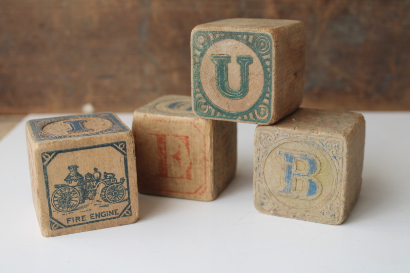 photo of worn old antique alphabet blocks, early 1900s vintage toy building blocks w/ letters  #1