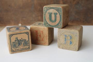 catalog photo of worn old antique alphabet blocks, early 1900s vintage toy building blocks w/ letters 