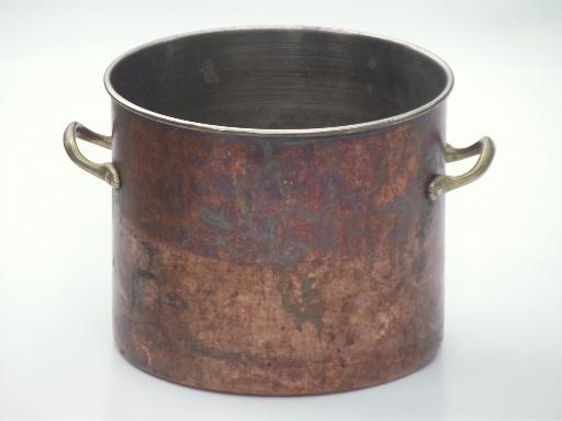 photo of worn old copper pots & pans, vintage copper stockpot, saucepans lot #12