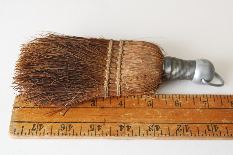 photo of worn old corn broom whisk brush, vintage small hand broom sweeper w/ metal hanger #2