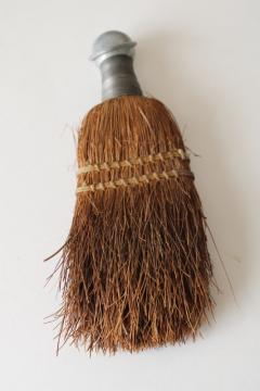catalog photo of worn old corn broom whisk brush, vintage small hand broom sweeper w/ metal hanger 