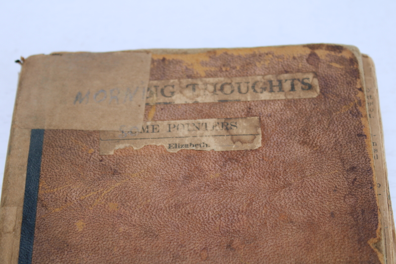 photo of worn old leather bound book turned scrapbook, inspirational Morning Thoughts newspaper clippings #2