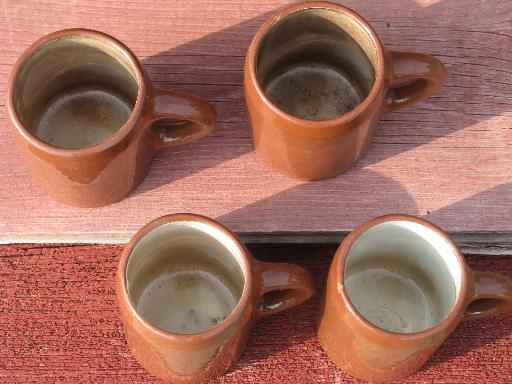 photo of worn old redware pottery beer steins or tankards, vintage cider mugs #2