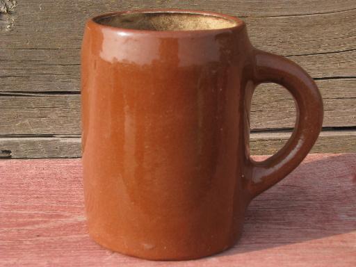 photo of worn old redware pottery beer steins or tankards, vintage cider mugs #3