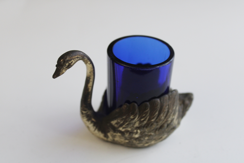 photo of worn old silver plated swan w/ cobalt blue glass, match holder or salt cellar  #1