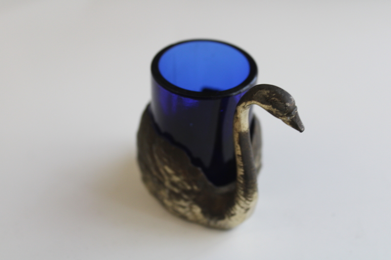 photo of worn old silver plated swan w/ cobalt blue glass, match holder or salt cellar  #2